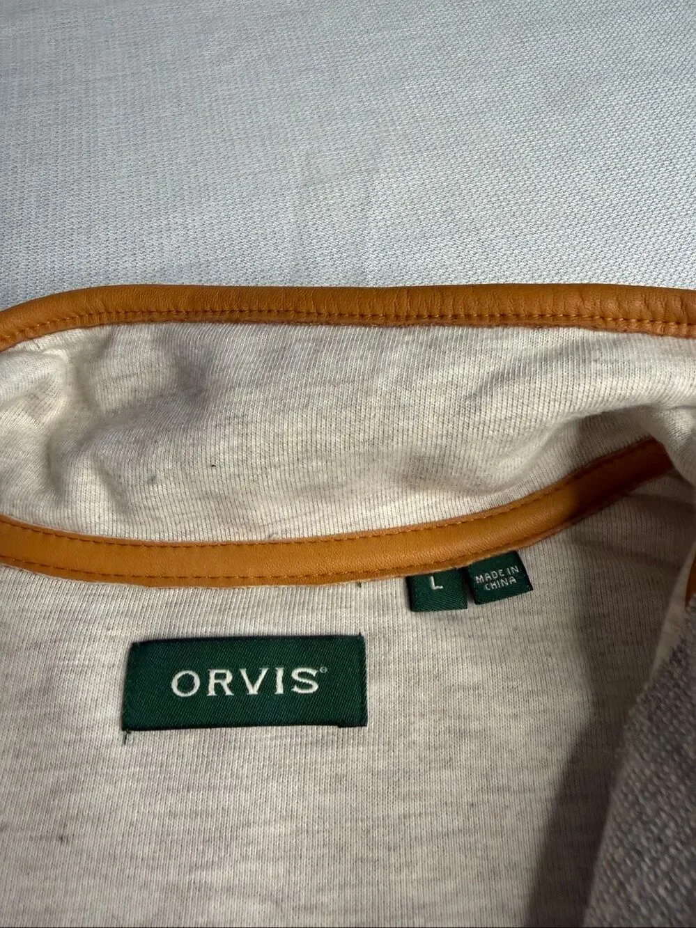 Orvis Grey Quarter Zip Pullover Leather Elbow Patch Sweater Size Large